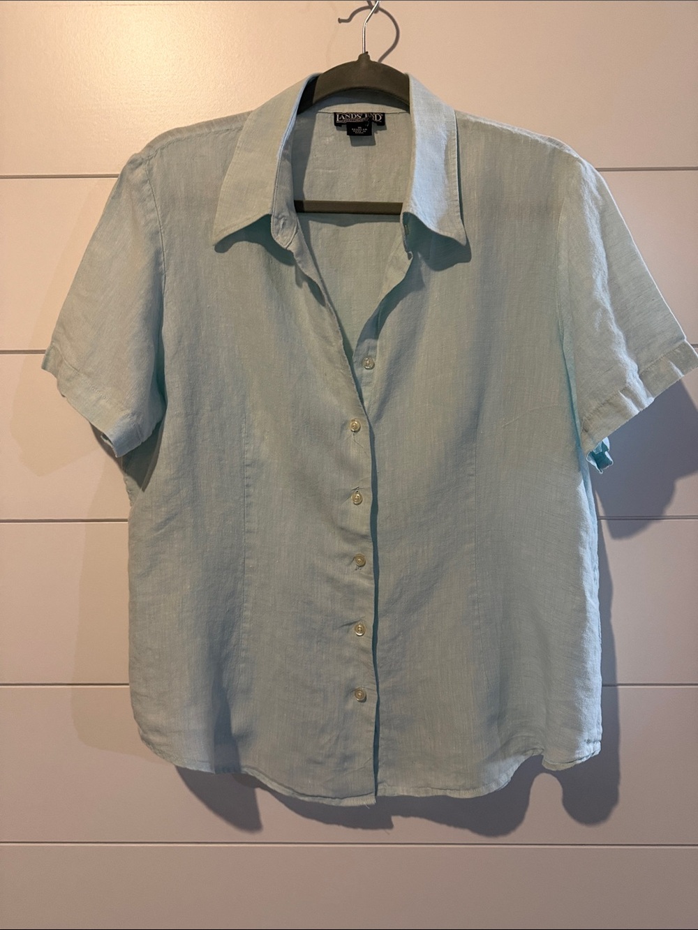 Lands' End Women’s  Pale blue Short-Sleeve Linen-Blend Button Shirt